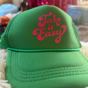 Green Trucker Hat with Pink 'Take it Easy' Design
